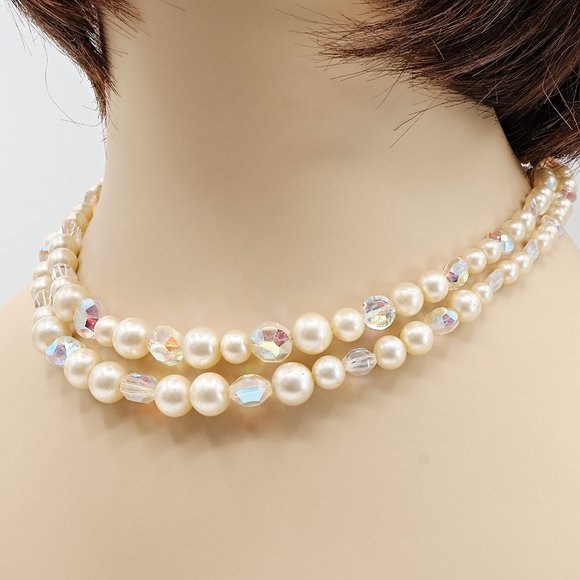 Marvella Pearl Necklace, Vintage Faux Pearls Necklace, 2 Strand - Picture 1 of 9